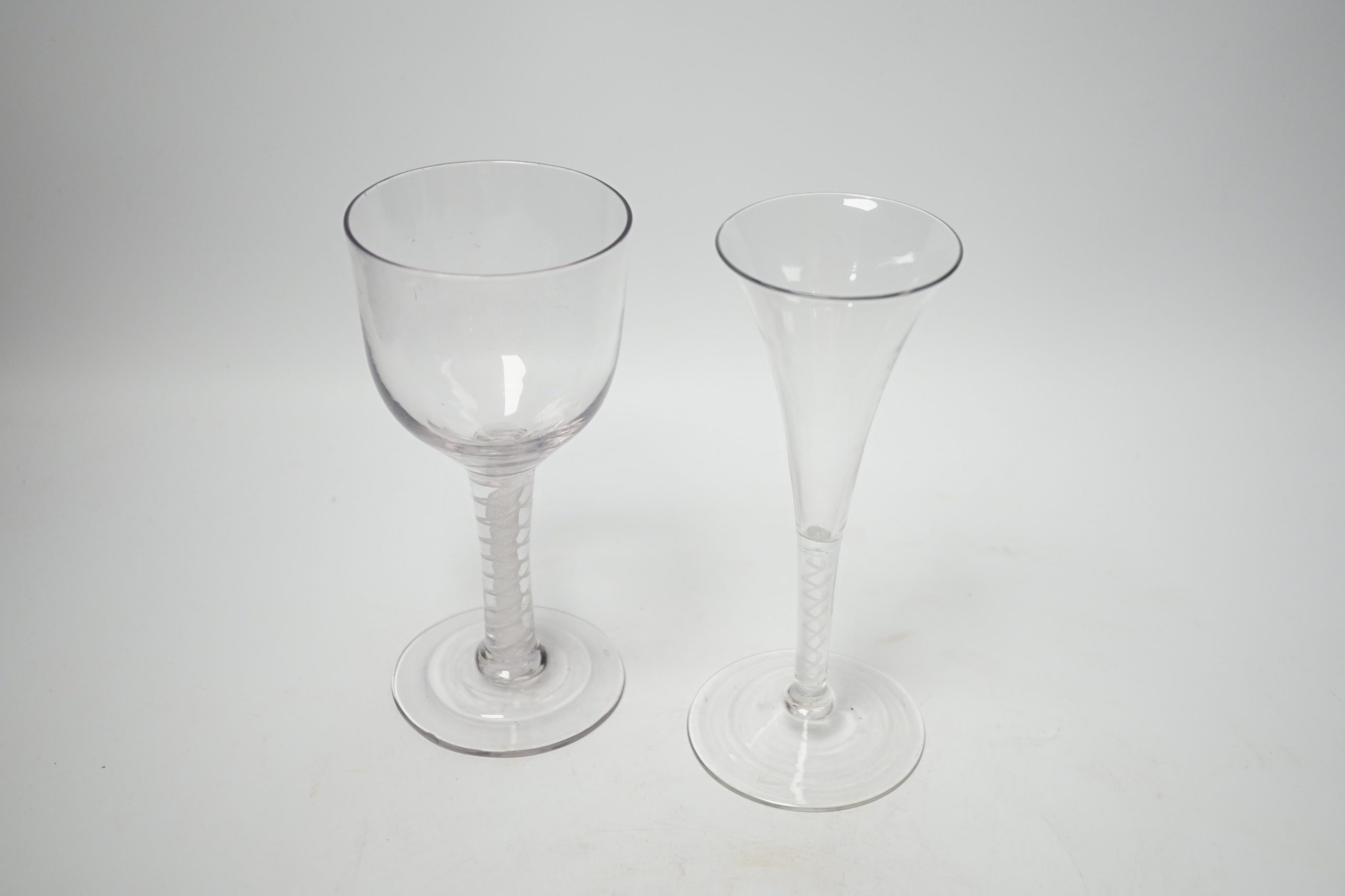 A Georgian goblet with DSOT stem and flute with single opaque twist stem, flute 18cm (2)